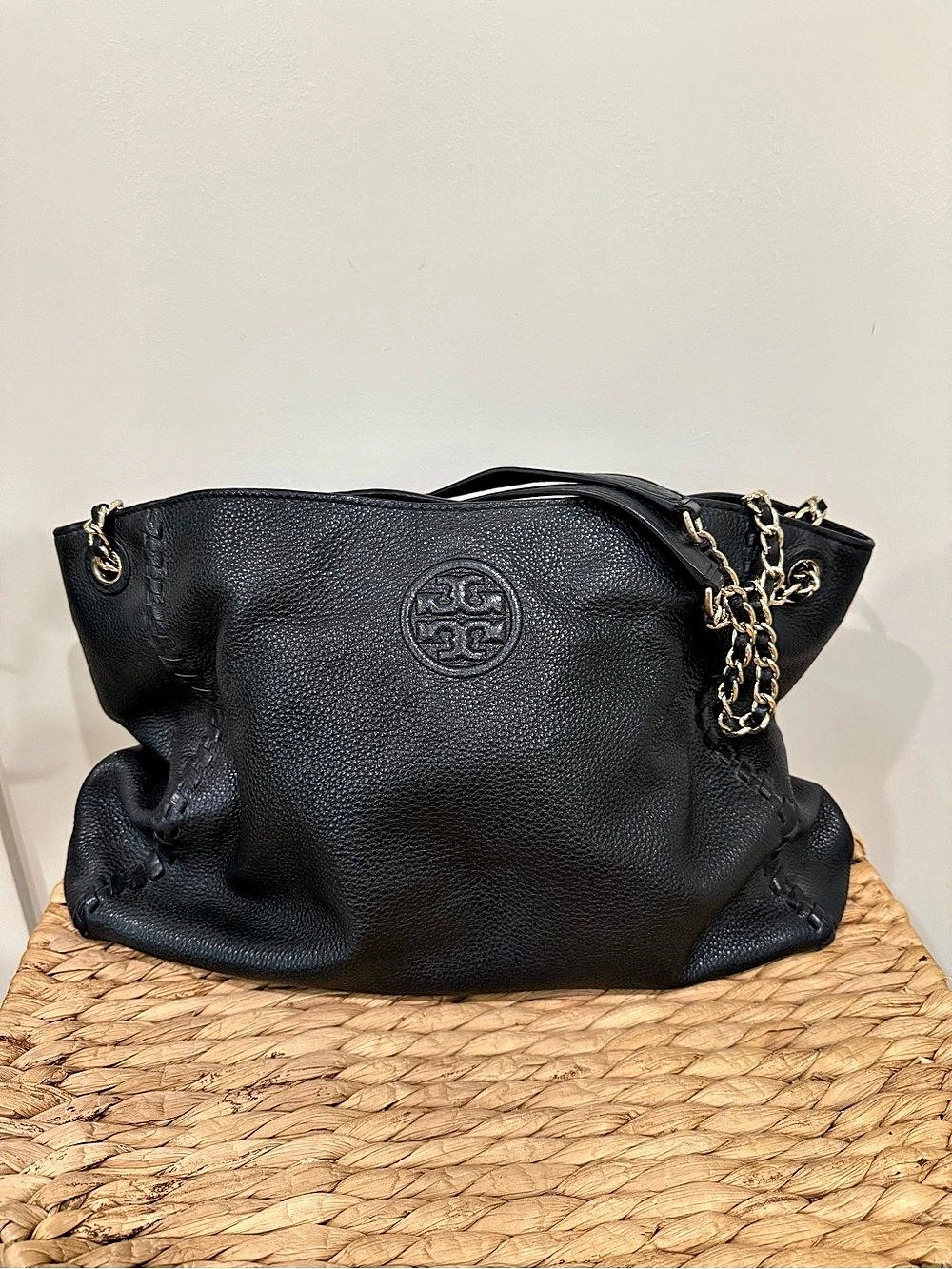 Tory Burch Marion Whipstitch Chain Slouchy Tote Black
